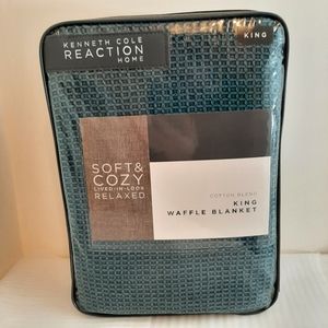 Kenneth Cole KING Cotton Linen Waffle Blanket Teal FLAW
